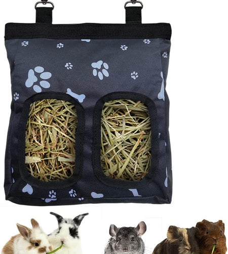 Guinea Pig Hay Feeder, Hanging Rabbit Hay Feeder Bag for Guinea Pigs Bunnies Chinchillas. M, Black Paws