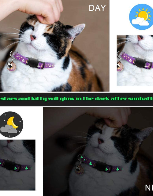 Load image into Gallery viewer, 2PCS Breakaway Cat Collars with Bell Moons Stars Cute Kitty Adjustable Safe Kitten Collars with Pendant Glow in the Dark(Black&amp;Purple)
